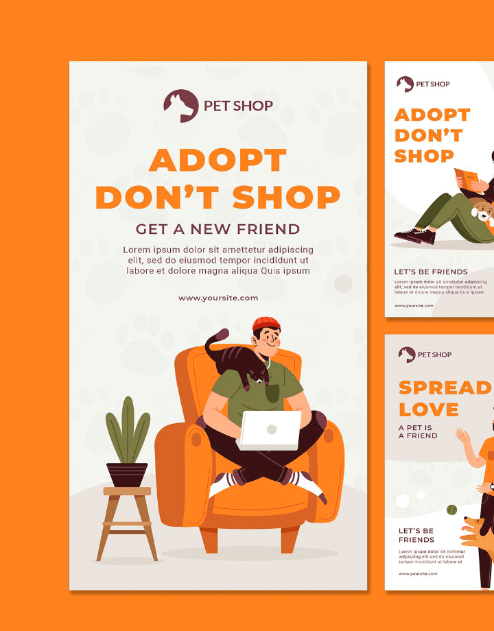 Shows off print pieces asking people to adopt pets instead of shopping for them.