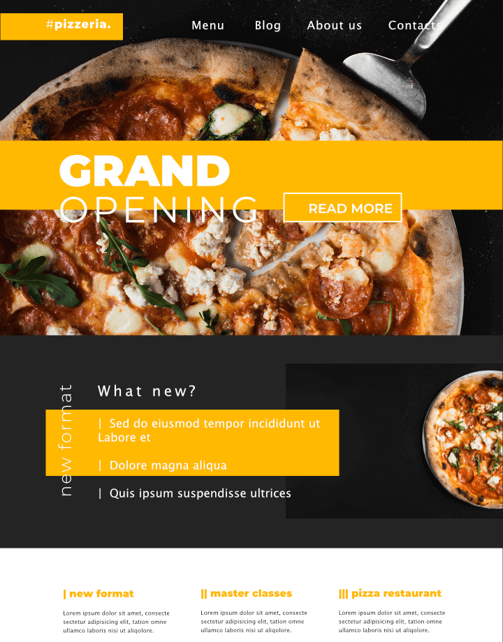 Shows off a website for a pub. The page has pictures for pizza and pizza-making.